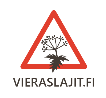 Vieraslajit.fi logo, jossa kasvin kuva punaisen varoituskolmion sisällä.